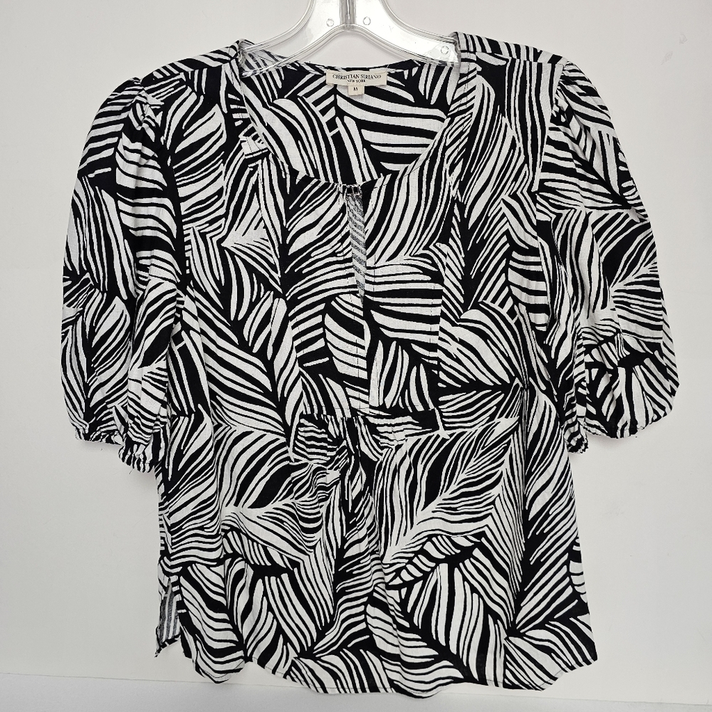 Christian Siriano Blouse Top Linen Blend Black/White Placket Front Sz M Coastal